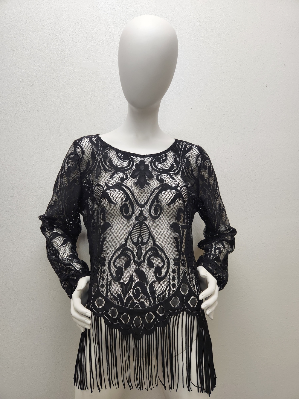 Sterling & Stitch Black Lace Fringe Top Western Boho Festival Size L